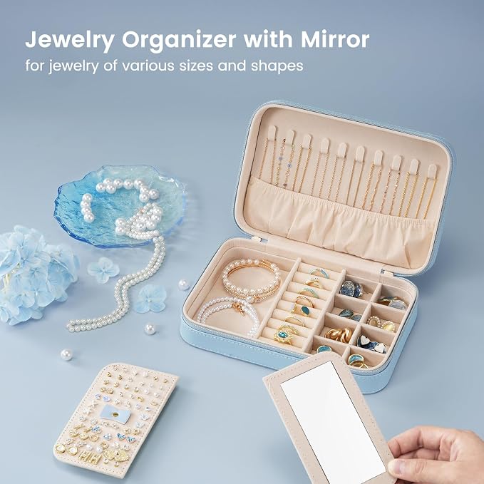 Lolalet Travel Jewelry Case for Women Girls, Travel Jewelry Organizer Box with Mirror & Clear Storage Bag, Small Portable Earring Necklace Bracelet Ring Case, Birthday Valentine Gifts -Medium, Blue - Image 2