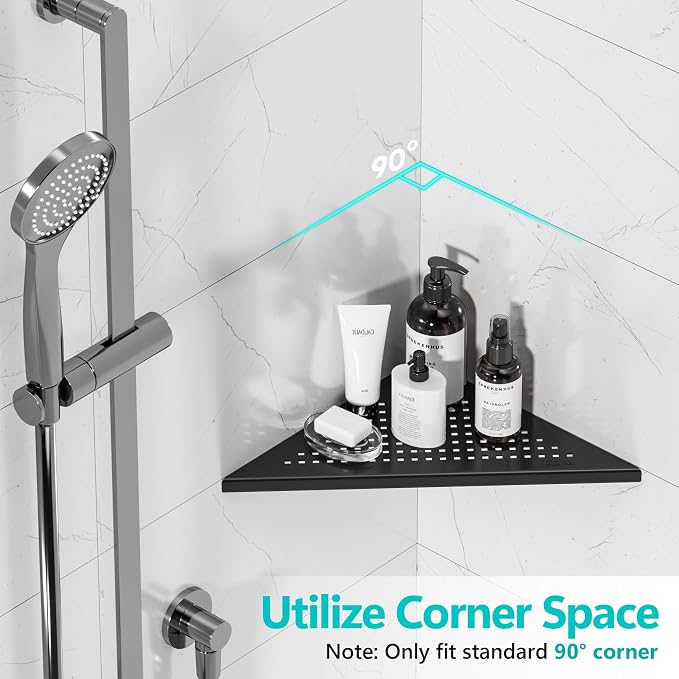 Qeke Bathroom Corner Shelf, Recessed 10" Shower Shelf Caddy, SUS304 Stainless Steel Shelf Wall Mount Triangular, No Drilling, Matte Black - Image 3