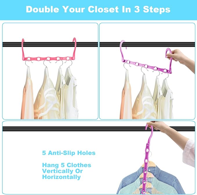 DUCOO Space Saving Hangers 10 Pack, Heavy Duty Magic Cascading Hanger Organizer with 5 Enclosed Anti-Slip Holes, Closet Organizers and Storage for Clothes, College Dorm Room Essentials, Multicolor - Image 4