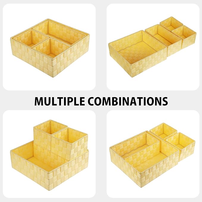 Posprica Woven Storage Baskets for Organizing, Small Black Baskets Cube Bin Container Tote Organizer Divider for Drawer, Closet, Shelf, Dresser, Set of 4(Yellow) - Image 2