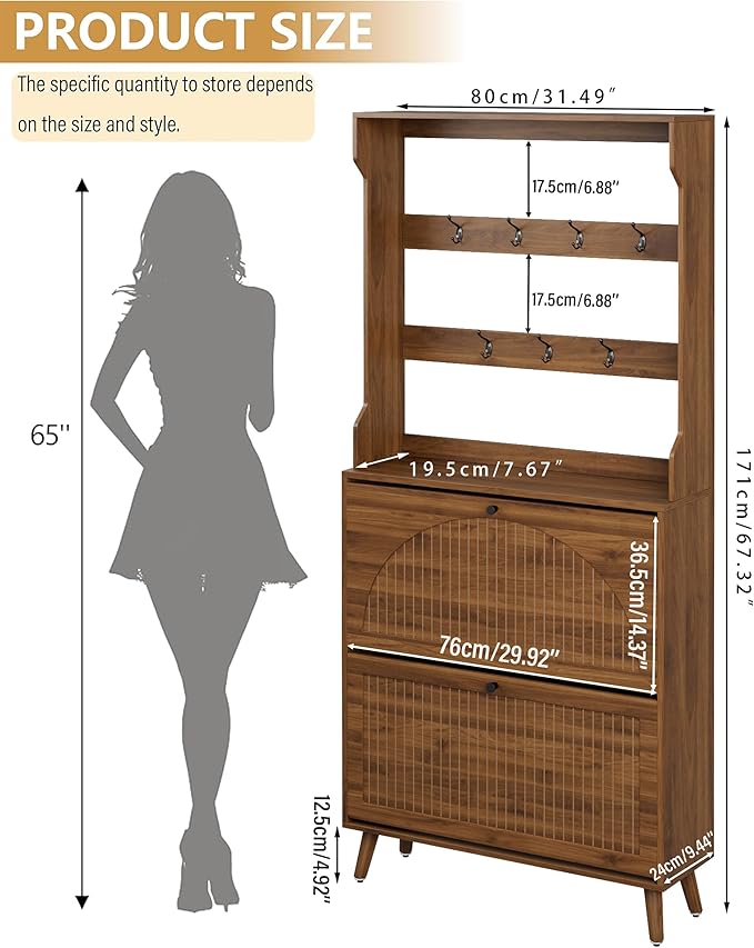 Fsbecl Shoe Cabinet for Entryway with 2 Flip Drawers & Coat Rack, Narrow Hidden Shoe Storage Cabinet with Fluted Panel, 2-in-1 Hall Tree Slim Freestanding Shoe Rack Organizer for Hallway, Walnut - Image 2
