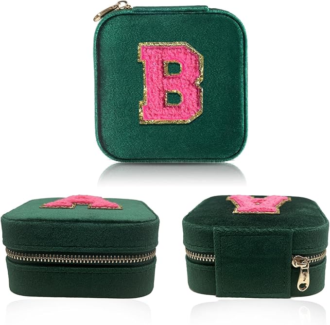 Personalized Velvet Travel Jewelry Case Box For Women Ring Necklace Earring Holder Organizer with Mirror Green Girls Box Birthday Gifts Mom Initial B - Image 2