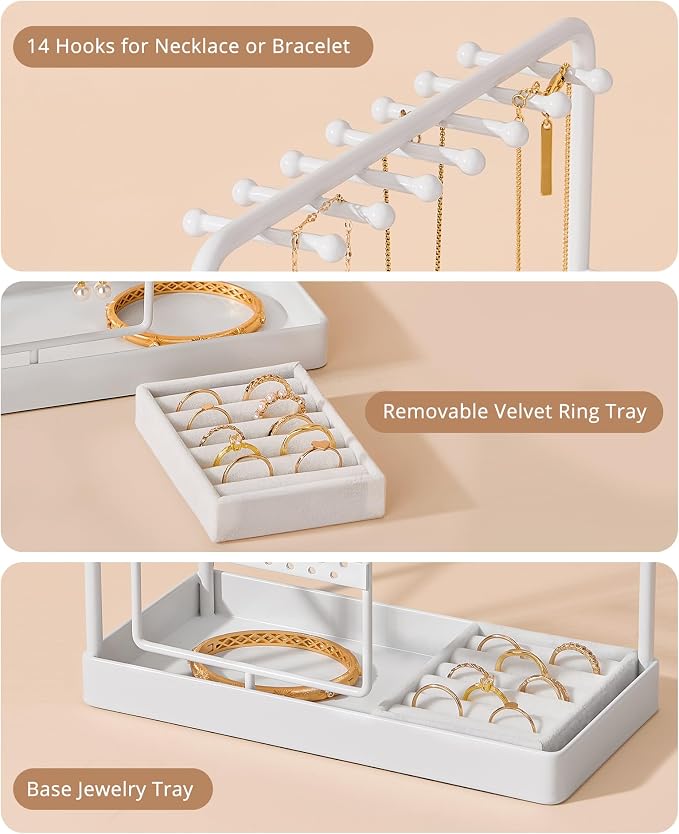 ProCase Jewelry Stand Holder Organizer, Jewelry Display Storage with Ring Tray, Rotating Earring Bracelet Necklace Holder, Valentine's Gifts Room Dorm Decor for Teen Girls -White (No-Assembly) - Image 6