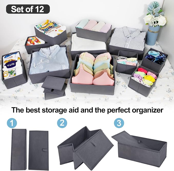 homyfort 12 Pack Dresser Drawer Organizers and Storage Bins for Clothing, Baby Clothes, Bra, Underwear, Socks (Grey) - Image 2