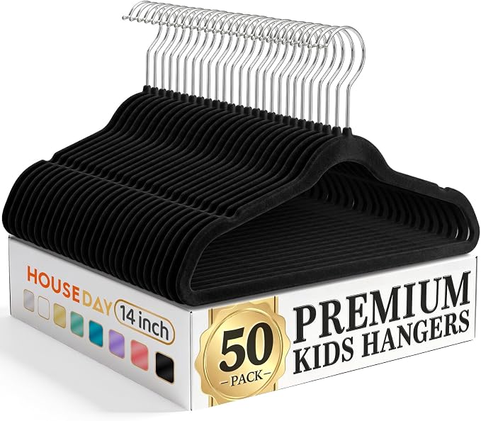 HOUSE DAY 14 Inch Kids Velvet Hangers 50 Pack, Durable Big Kid Hangers for Youth, Teen, Non Slip Kids Felt Hanger, Cute Childrens Hanger for Closet, Black by HOUSEDAY