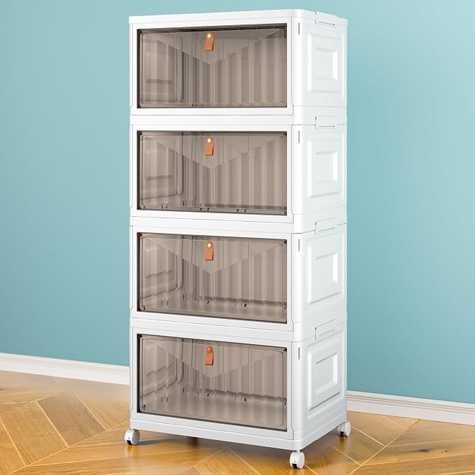 4 Tier Storage Bins with Lids, 23QT Stackable Closet Organizers and Storage with Wheels, Collapsible Storage Boxes, Foldable Plastic Storage Containers for Home,Office, Dorm Room-White - Image 8