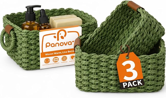 Storage Basket, Recycled Paper Rope Bathroom Basket Organizer, 3Pcs Small Baskets for Organizing, Mini wicker Basket for Decorative Storage Bins, Shelves, Bathroom, Cabinet - Green by Panovox