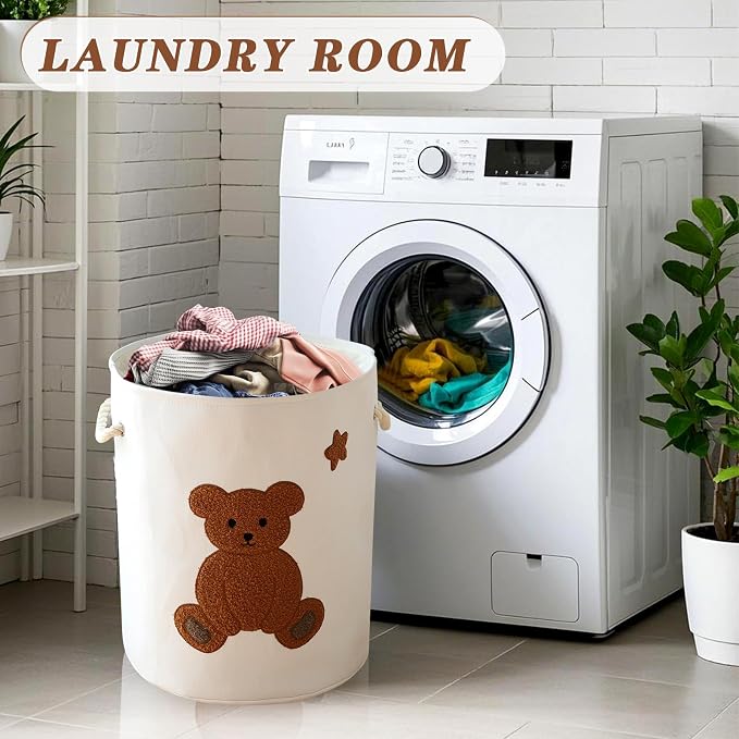 INough Large Laundry Basket Tall Baskets Storage for Dirty Clothes, Toys Storage Bins Baby Hamper 58L Clothes Hamper Blanket Basket Baby Toys Organizer for Nursery Bedroom Living Room Decor, Bear - Image 6