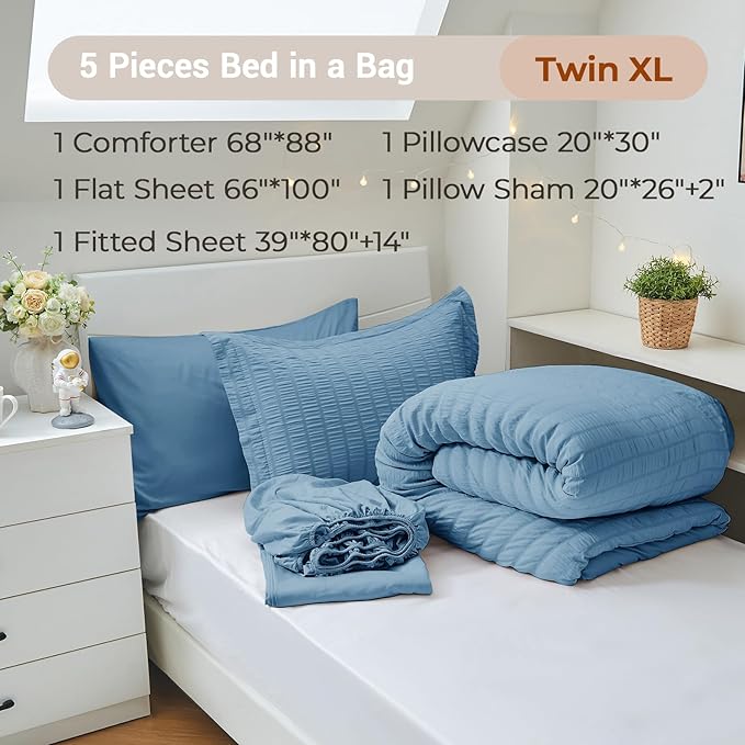 MUXHOMO 5 Pieces Twin XL Comforter Set, Seersucker Bed in a Bag Twin XL Size, All Season Luxury Bedding Set with Comforter, Flat Sheet, Fitted Sheet, Pillowcase & Sham, Mineral Blue