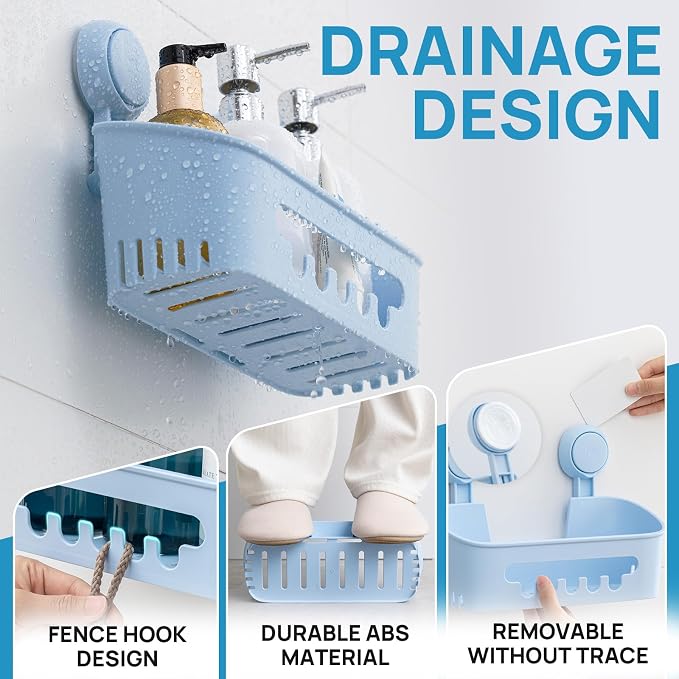 LEVERLOC Shower Caddy Suction Cup 2 Pack, Shower Organizer Removable Bathroom Shelf, Storage for Inside Shower Powerful Suction Max Hold 22lbs Waterproof Holder, Blue - Image 3