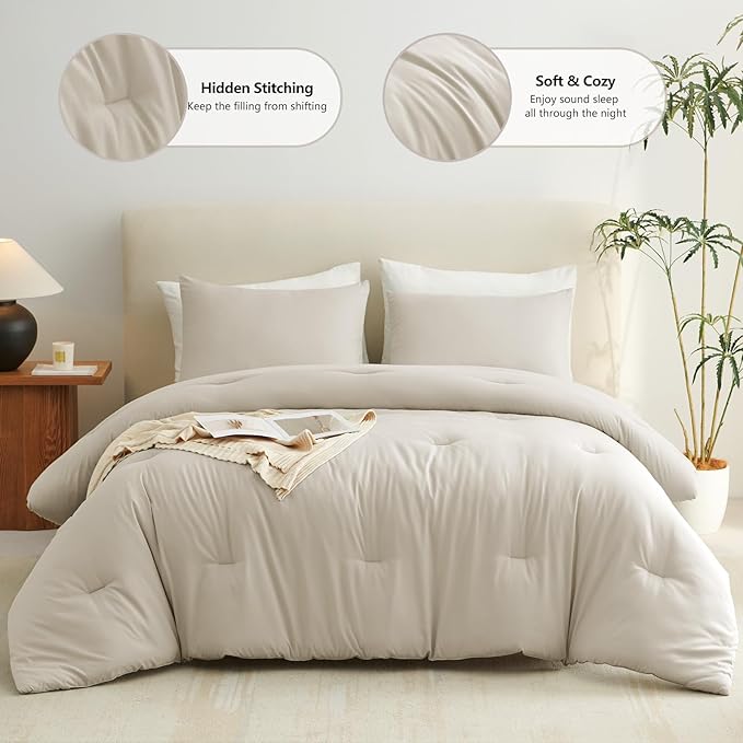 CozyLux Full Size Comforter Set Oatmeal, 3 Pieces Solid Breathable Quilted Bedding Sets, Luxury Lightweight Soft Bed Set with Down Alternative Comforter and 2 Pillowcases for All Seasons