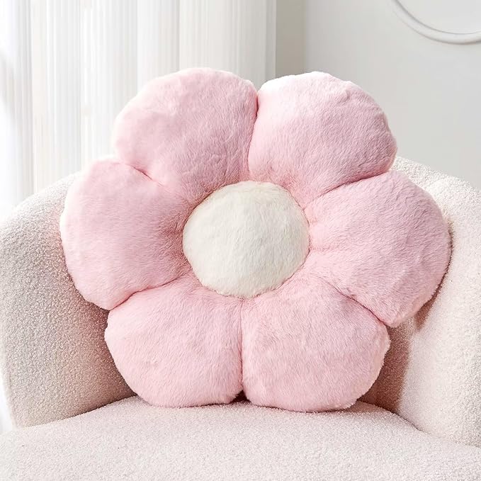 Kcvvcr Flower Pillow Cute Decorative Throw Pillow with Faux Rabbit Fur Soft Daisy Plush Floor Cushion Aesthetic Flower Shaped Pillow Home Decor for Bed Sofa Couch (Pink, 17.7 Inch)
