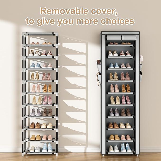 ROJASOP Shoe Rack with Covers 10 Tier Large Shoe Organizer Tall Shoe Closet Storage for 20-22 Pairs Shoe and Boot, Free Standing Shoe Rack Organizer for Closet, Entryway, Bedroom, Grey - Image 5