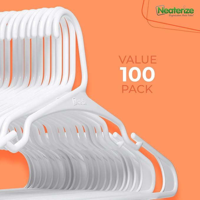 NEATERIZE Clothes Hangers Plastic 100 Pack for Adults - Plastic Hangers, The Perfect Coat Hanger and Space Saving Clothes Hangers for Closet - White Hangers - Image 7