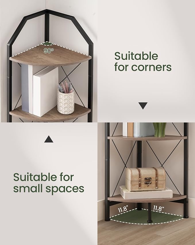 CHOEZON 5-Tier Corner Shelf, Industrial Corner Bookshelf, 59.4" Corner Storage Stand, Plant Stand Display Shelf, Corner Bookcase for Bedroom, Living Room, Home Office, Greige and Black TCJ10BG - Image 3