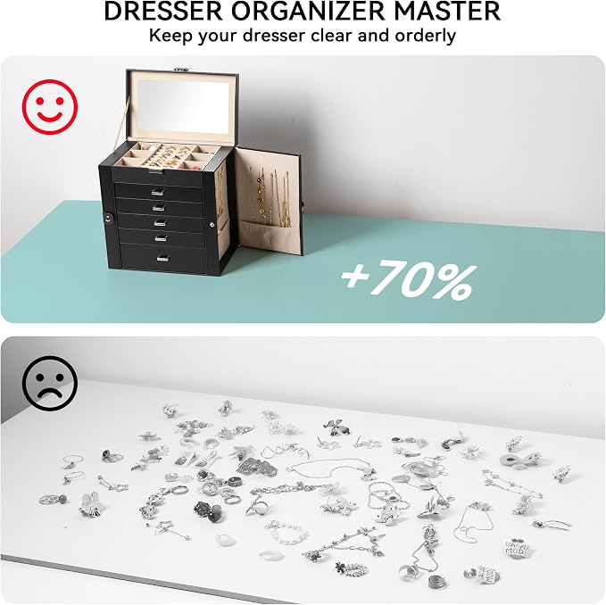 Frebeauty Large Jewelry Box,6-Tier PU Leather Jewelry Organizer,Multi-functional Storage Case with Mirror,Accessories Holder with 5 Drawers for Necklace Bracelets Watches(Black) - Image 6