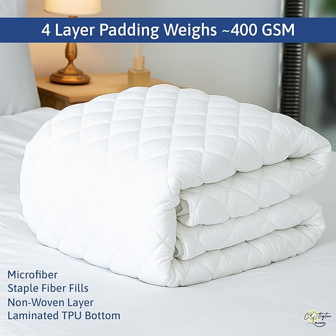 Cottington Lane 400 GSM Full Size Waterproof Quilted Mattress Pad Protector, Soft Microfiber Mattress Topper Cover with TPU Backing, Deep Pocket Fits up to 21 Inch Mattresses, White