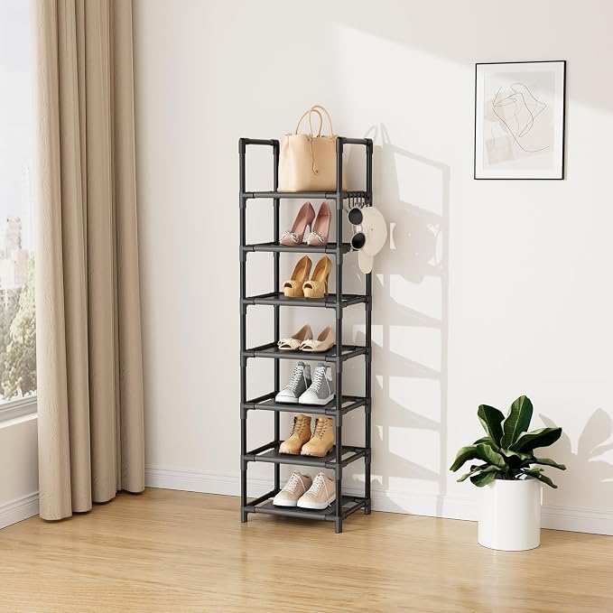 LANTEFUL Tall Shoe Rack 7 Tier Narrow Shoe Shelf Storage for 7-14 Pairs Shoe and Boot, Sturdy Shoe Storage Space Saving Corner Shoe Rack Organizer for Closet, Entryway, Living Room, Black - Image 7