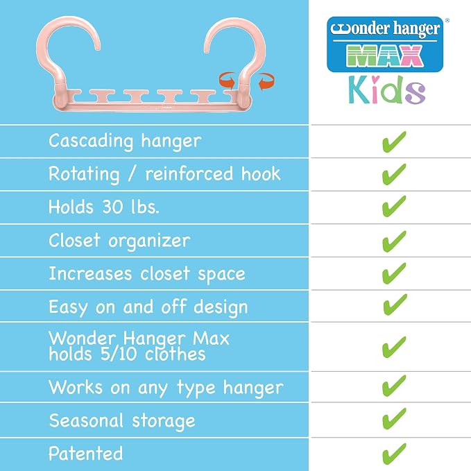 Wonder Hanger Max 10-Pack Space Saving Hangers, Reinforced Hooks Swivels 360°, Cascading Hanger, Teens, College Dorms, Kids & Closet Organizer, Assembled – Pastel Pink - Image 4
