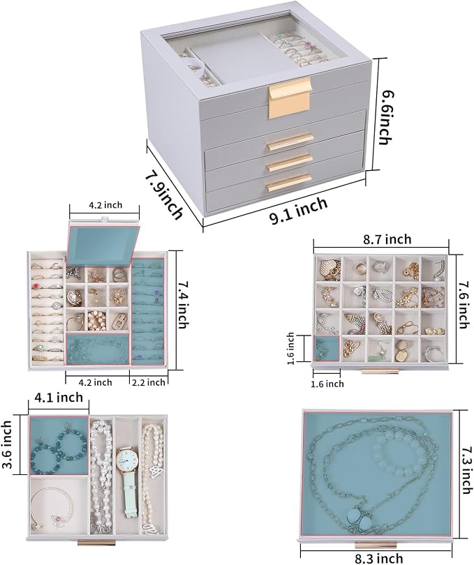 BOOVO Clear Lid Jewelry Box,4 Layers Jewelry Organizer Large Jewelry Storage Box with 3 Drawers,Jewelry Holder Organzier of Rings Earrings Necklace Bracelets for Women (Grey, 4 Layer) - Image 4