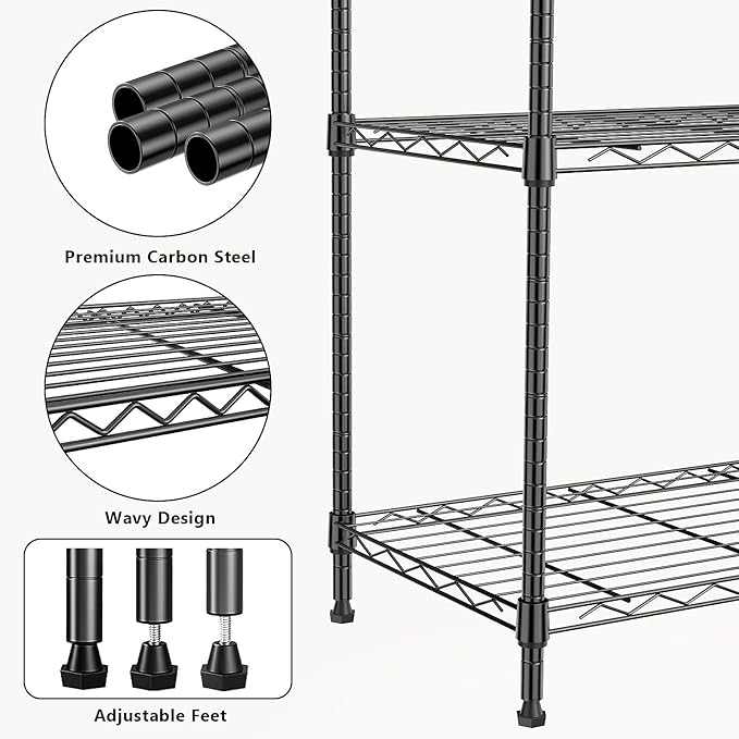 M MZG 1250 lbs 5 Tier Shelf Metal Storage Shelves Wire Rack Closet Organizers with Wheel for Garage Kitchen Bathroom Laundry Black 13.7" D x 23.6" W x 62.4" H - Image 5
