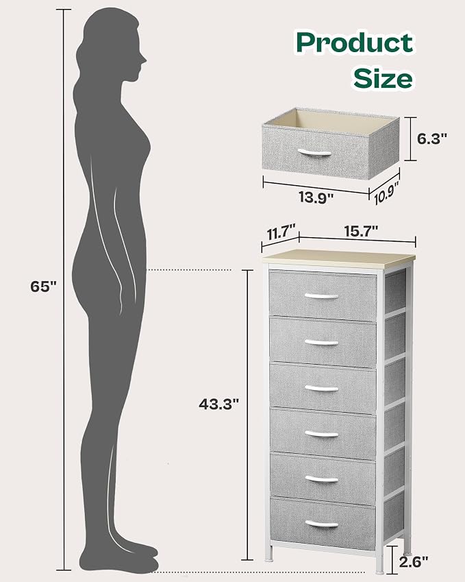 Huuger 43.3 Inch Tall Dresser for Bedroom, 6 Drawer Night Stand & Chests of Drawers, Fabric Dresser for Closet, Bedroom, Nightstand, End Table with Metal Frame, Storage Tower with Fabric Bins, Grey - Image 2