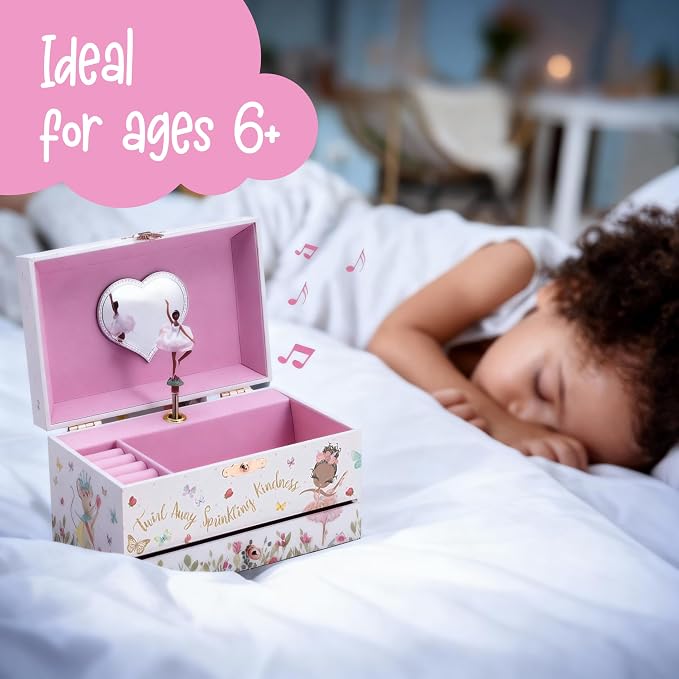The Memory Building Co Black Ballerina Musical Jewelry Box Plays Classic Melody, Storage Organizer Music Box for Kids Ages 6-12 MDF Wood w/ 2 Fabric Lined Ring Bracelet Necklace Treasure Compartments - Image 8