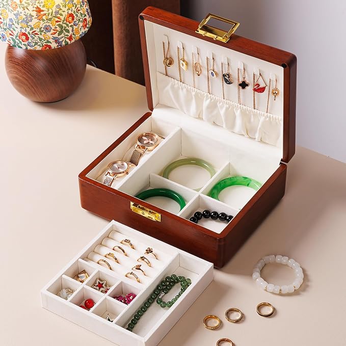 Solid Walnut Wood Jewelry Organizer Box with Lock,2-Layer Vintage Jewelry Box for Men Women, Velvet-Lined Storage for Earrings Rings Necklaces Bracelets Watches Gift Beige - Image 2