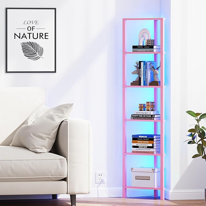 TUTOTAK Corner Shelf with LED Light, 6-Tier Corner Bookshelf for Small Space, Narrow Display Corner Shelf Stand with Storage Rack, for Living Room, Bedroom, Pink BS05BP006L - Image 8