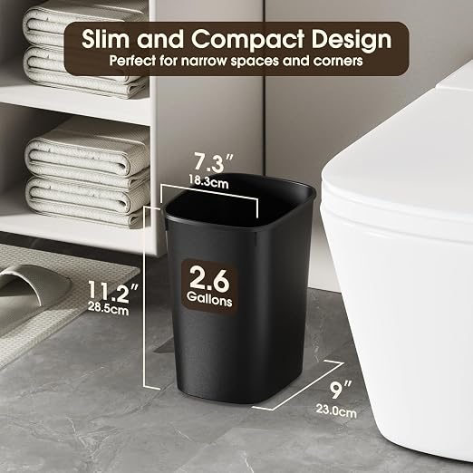 CEROELDA Small Bathroom Trash Can, 2.6 Gallon Slim Mini Garbage Can Small Trash Bin Plastic Waste Basket for Dorm Room, Bedroom, Office, Toilet (Black) - Image 2