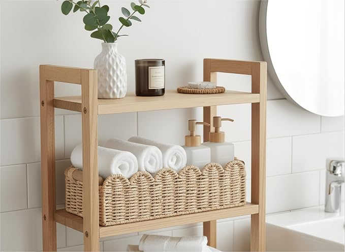 CubesLand Scalloped Edge Toilet Paper Storage Basket, Living Room Home Cozy Decor Basket, Paper Rope Small Baskets for Over Toilet Storage Shelf, End Table, Shelves, with 2 Wooden Handles, Beige - Image 2