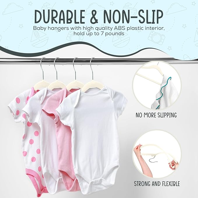 TechZoo 50 Premium Baby Velvet Hangers - 11.8" Non-Slip, Ultra-Slim Space-Saving Children Closet Hangers - 360° Swivel Hook, Strong & Durable Infant & Toddler Clothes Hangers for Wardrobe - Ivory - Image 5