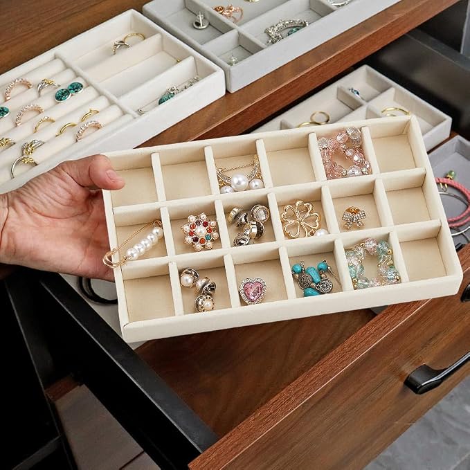 2Pcs 5 x 8.3 Inch Jewelry Box Tray Velvet Jewelry Drawer Insert Antique White 18 Grids Divided Stackable Necklace Storage Container Dresser Drawer Case for Earring Rings Display Showcase - Image 6