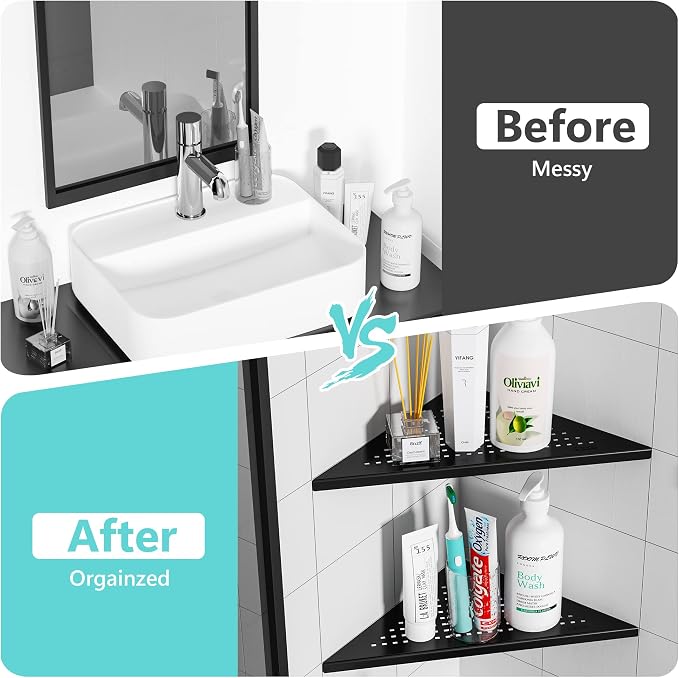 Qeke Corner Shower Shelves, 10” Recessed Tile Shower Shelf Matte Black, 304 Stainless Steel Grout in Corner Tile Bathroom Shelves, No Drilling, 2 Pack - Image 6