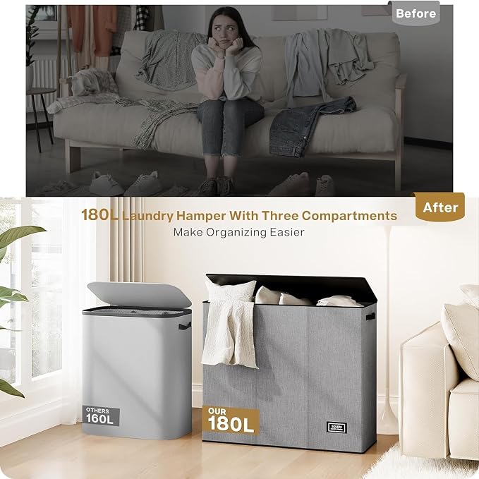 SOLEDI 180L Laundry Hamper 3 Section, Extra Large Laundry Hamper with Lid, Dirty Clothes Hamper with Sturdy Handle, Large Laundry Basket Organizer for Laundry Room, Bedroom, Hampers for Laundry - Image 8