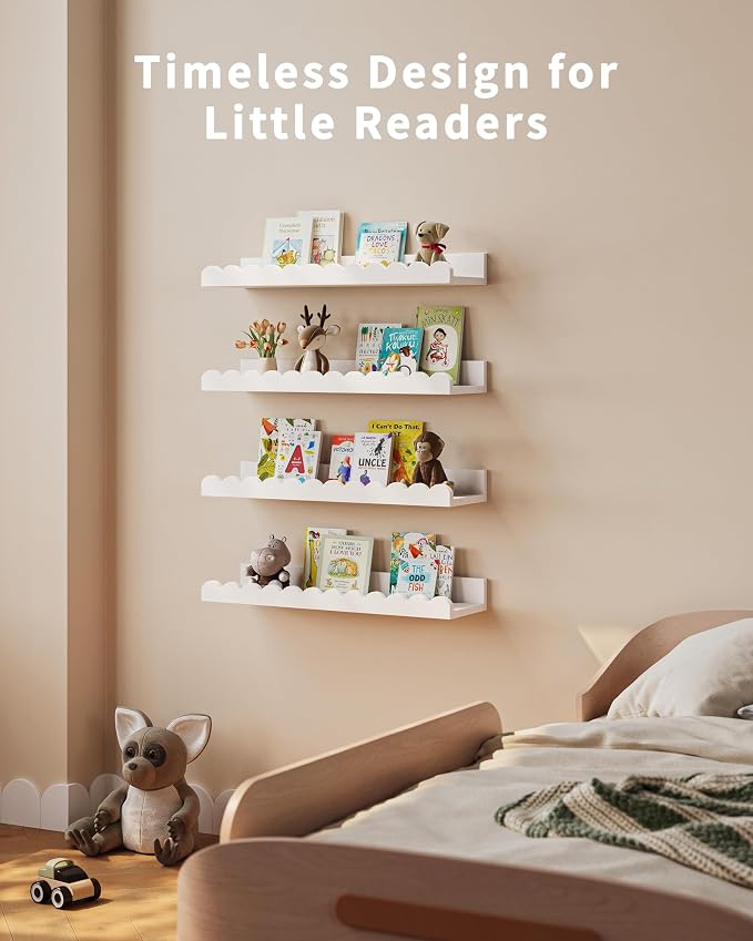 Shario Nursery Book Shelves, 4-Pack White Floating Shelves for Wall Kids, Scalloped Shelves, Wall Book Shelves for Bedroom Kids, Toddler Room, Baby Room, Nursery Decor - Image 6