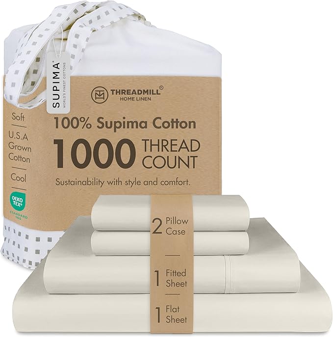 Threadmill Supima Cotton Queen Sheet Set, 1000 Thread Count Queen Sheets for Queen Mattresses, 4 Piece American Luxury Bed Sheets, Sateen Hotel Quality Sheets with Elasticized Deep Pocket, Taupe
