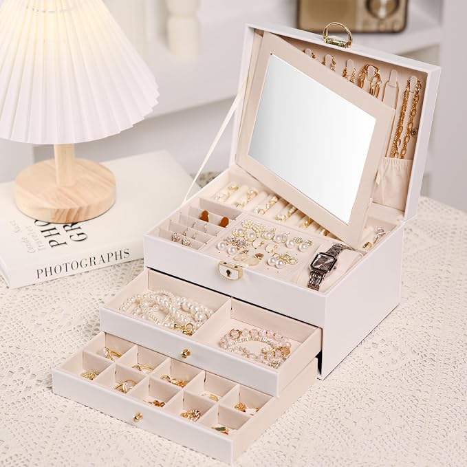 3 Layer Jewelry Boxes for Women with Mirror Large Jewelry Organizer Box with 2 Jewelry Organizer Drawer PU Lockable Elegant Unique Gifts for Women, White by Emazerom