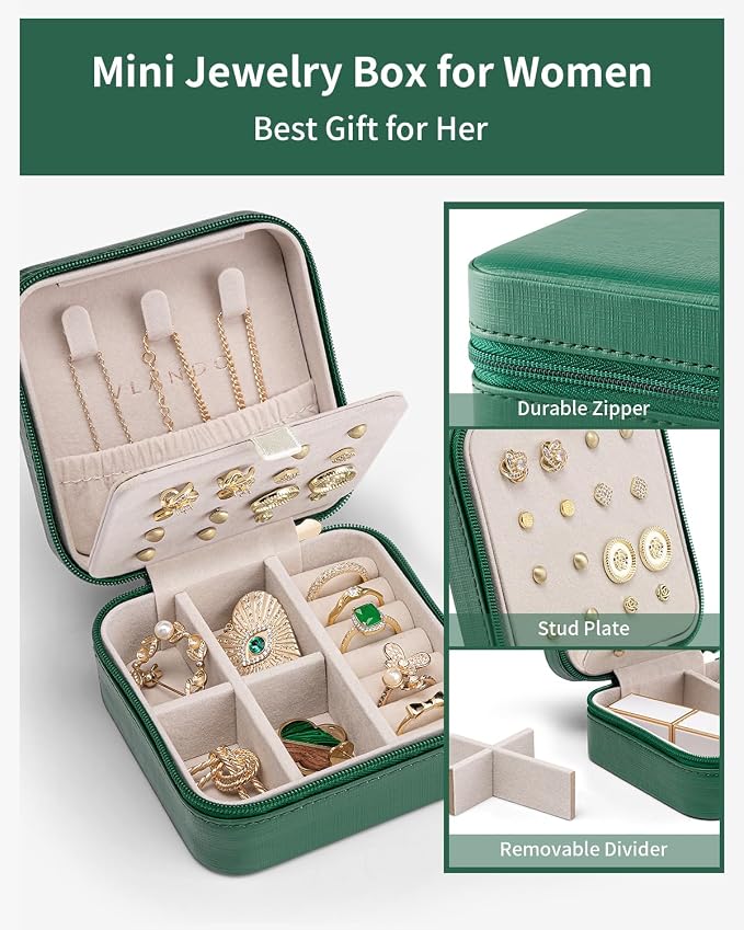 VLANDO Travel Jewelry Case, Small Travel Jewelry Organizer Box for Girls Women - Dark Green - Image 3