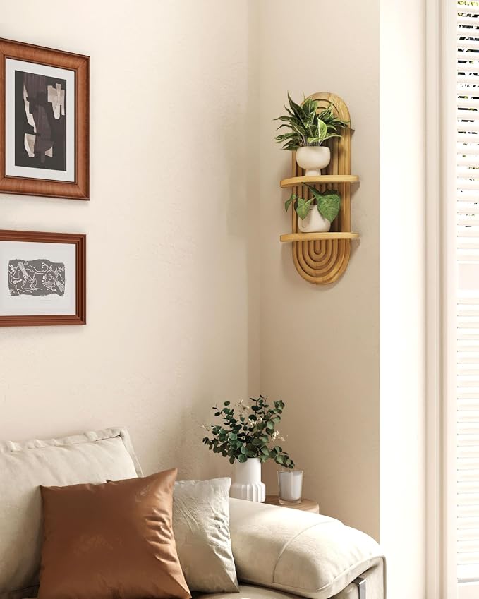 Bamworld Boho Wall Decor Plant Wall Shelf Mid Century Modern Decor Hanging Plant Shelf 2-Tier Wooden Floating Shelves for Home Bathroom Bedroom Living Room Office Holding Planter Decoration Natural - Image 6