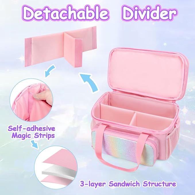 GRAOSO Double Layer Jewelry Organizer Storage for Kids Girls, Travel Jewelry Case Bag, Portable Jewelry Box with Handle and Detachable Shoulder Strap for Necklaces, Earrings, Rings, Pink (Case Only) - Image 3