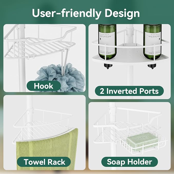 Corner Shower Caddy Tension Pole, 4 Tier Rustproof Shower Tension Rod Organizer, Adjustable 25-125 Inch Bathroom Shower Organizer Shelves for Bathtub Shampoo Storage, White - Image 3