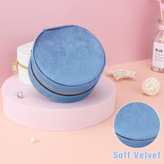 DesignSter Travel Jewelry Box - Velvet Mini Jewelry Organizer, Small Jewelry Case for Girls Women, Jewelry Storage Box for Rings Earrings Necklace (Circular, Blue Fog) - Image 5