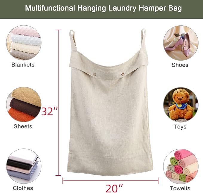 Linen Hanging Laundry Bag, 100% Linen Over The Door Laundry Hamper with Buttons and Zipper, Space Saving Door Hampers for Laundry Dirty Clothes Home Travel, Linen - Image 2