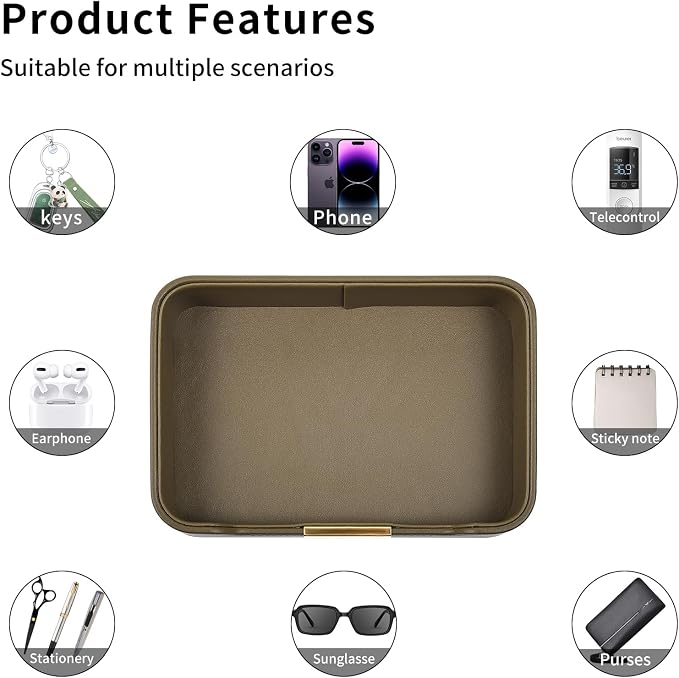 Luxury Leather Valet Tray Desktop Storage Organizer,Bedside Vanity Catchall Tray Nightstand Caddy Holder for Cosmetic,Jewelry,Watch,Keys,Phone,Wallet,Remote Controller,Pen,Olive Green - Image 6