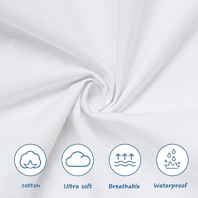 Pack and Play Sheets Waterproof, 2 Pack Cotton Mini Crib Sheets 38"x 25", Compatible with Graco Pack n Play, Dream on Me, Delta Portable Crib and Arms Reach Ideal Cosleeper, Baby Girl Boy, White