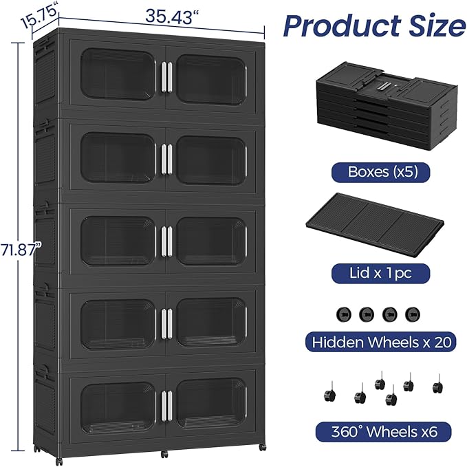 250Gal Extra Large Stackable Storage Bins with Lid & Wheels & Doors, 200QT/50GAL 5-Tiers Collapsible Closet Organizers Plastic Containers Drawers Boxes for Home Kitchen Bedroom, Black