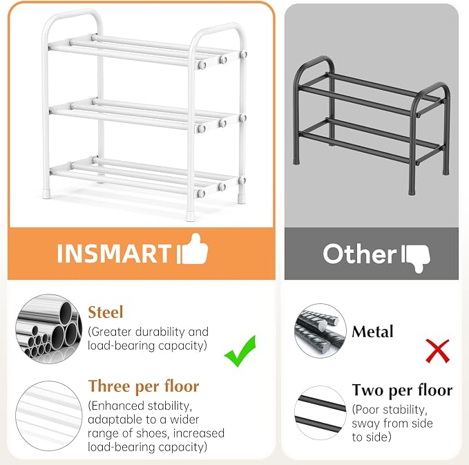 INSMART 3-Tier Expandable Shoe Rack, Stackable and Adjustable Shoes Organizer Storage Shelf, Sturdy and Durable Metal Structure Free Standing Shoe Rack for Closet Entryway Doorway, White - Image 7