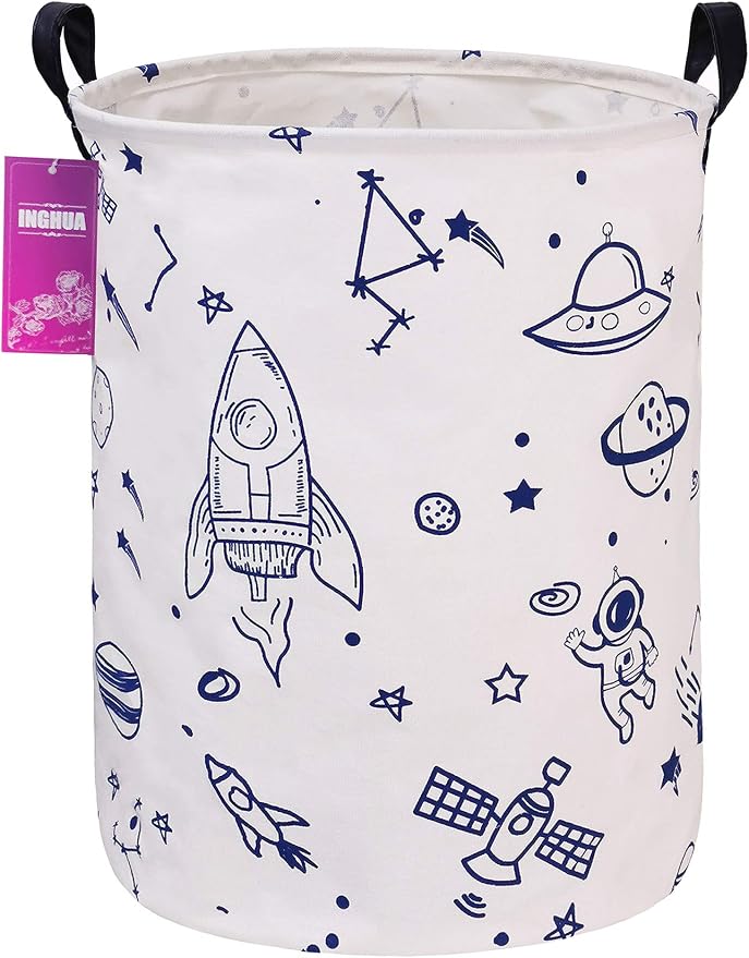 Laundry Hamper Large Canvas Fabric Lightweight Storage Basket/Toy Organizer/Dirty Clothes Collapsible Waterproof for College Dorms, Boys and Girls Bedroom,Bathroom(Spaceships) by INGHUA