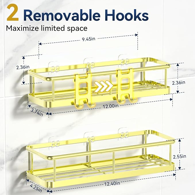 YASONIC Shower Caddy Adhesive, No Drill Bathroom Shower Organizers, with Removable Hooks, Rust Proof Shower Shelves, Wall-Mounted Shower Holder, 2 Pack Gold - Image 5